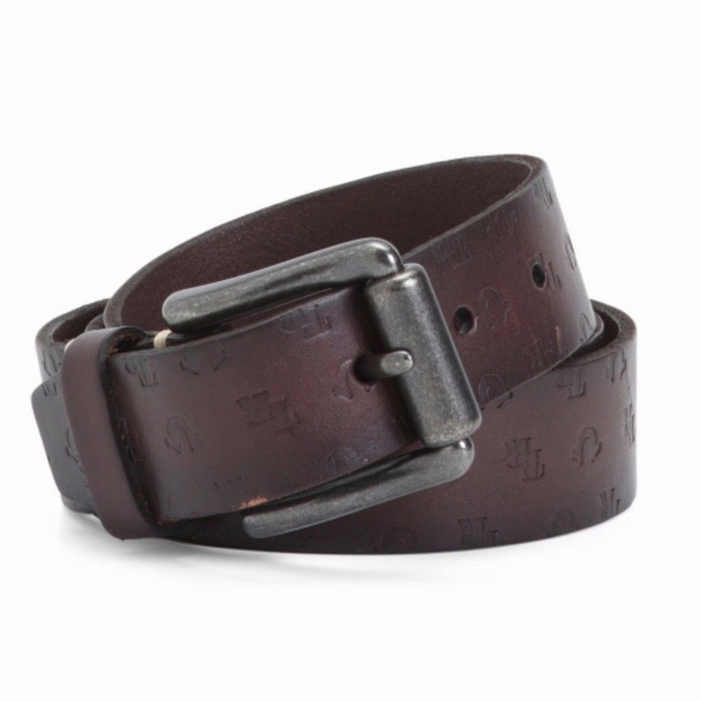 True Religion Logo Embossed Brown Leather Belt